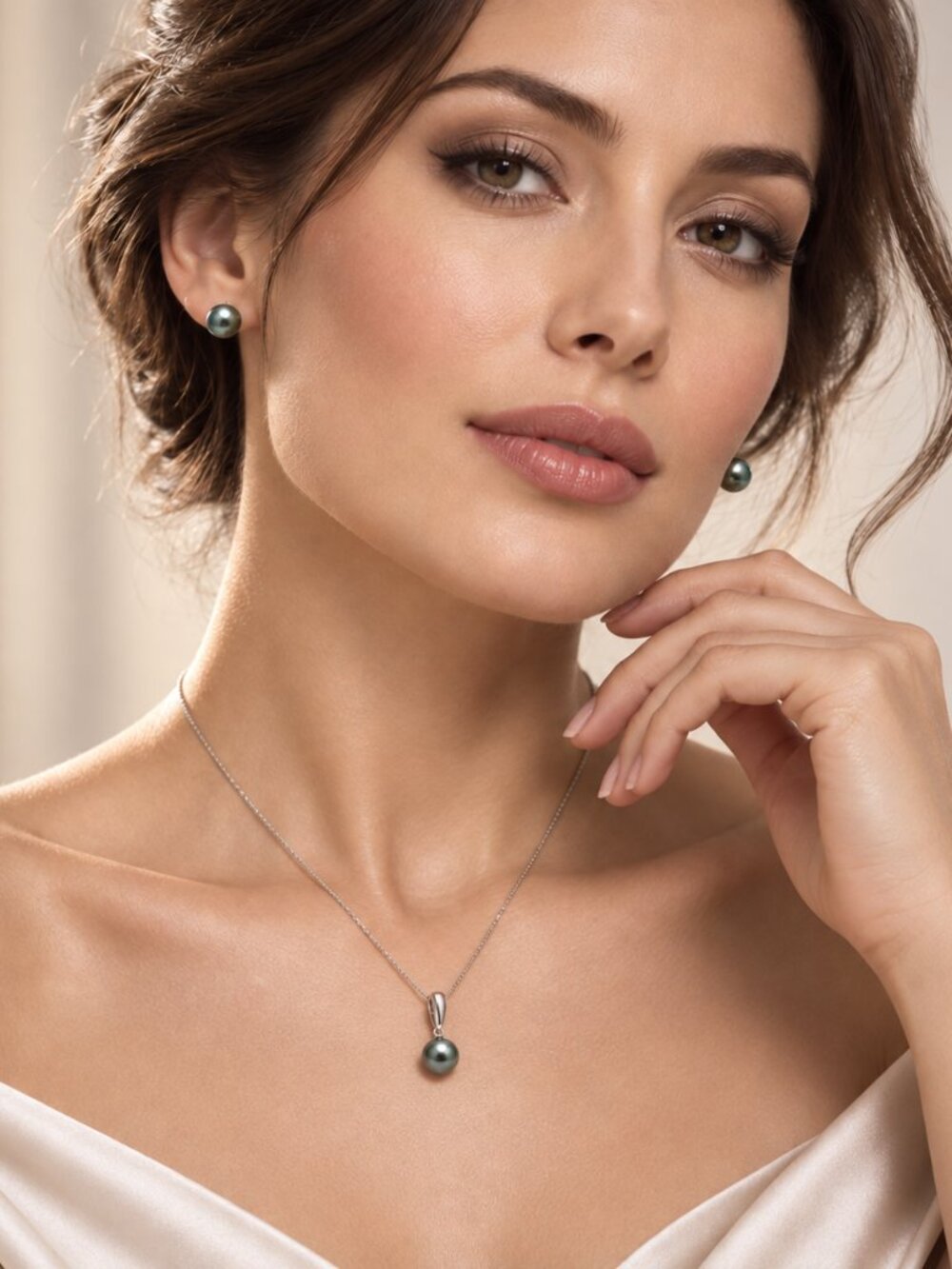 10–11mm Peacock Tahitian Pearl Necklace & Drop Earring Set | 14K White Gold